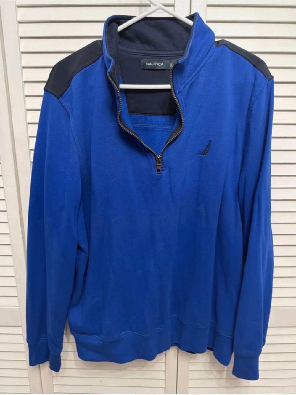 Nautica Men's Blue Quarter-Zip Pullover with Contrast Navy Shoulders